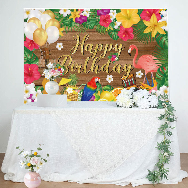 Aperturee - Aperturee Summer Hawaii Floral Flamingo Wood Birthday Backdrop
