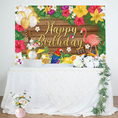 Aperturee - Aperturee Summer Hawaii Floral Flamingo Wood Birthday Backdrop