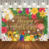 Aperturee - Aperturee Summer Hawaii Floral Flamingo Wood Birthday Backdrop