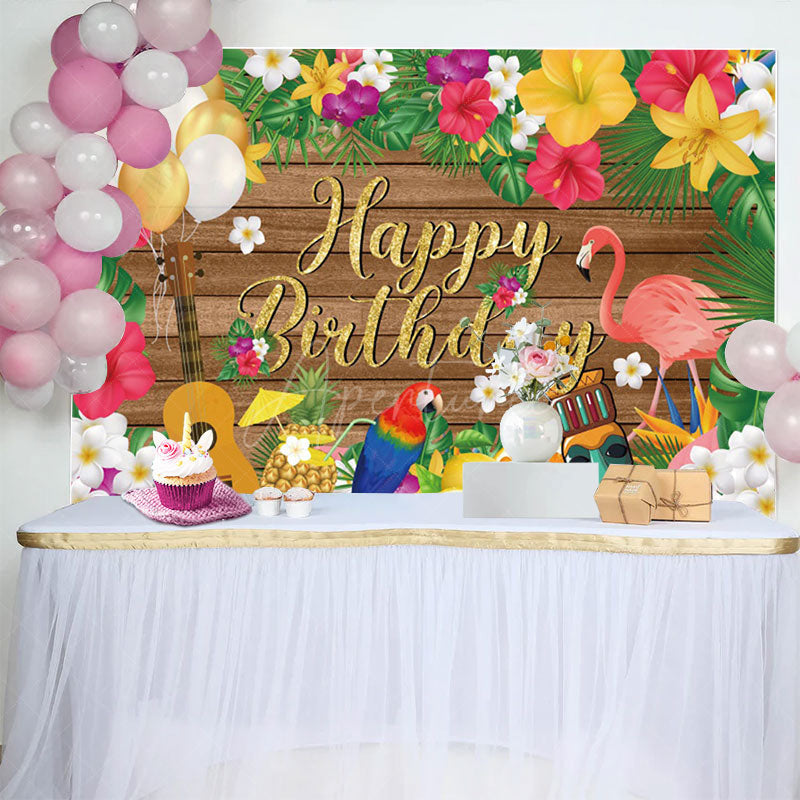 Aperturee - Aperturee Summer Hawaii Floral Flamingo Wood Birthday Backdrop