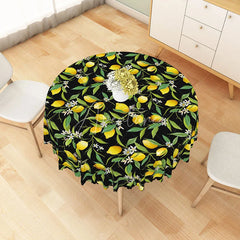 Aperturee - Aperturee Summer Lemon and Green Leaf Floral Round Tablecloth for Fresh Citrus Themed Kitchen and Outdoor Party