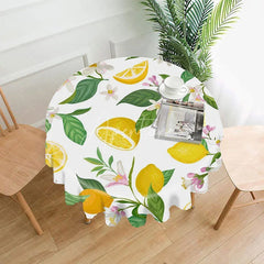 Aperturee - Aperturee Summer Lemon Round Tablecloth Fresh Citrus White Blossoms Green Leaves Kitchen Dining Party Decor