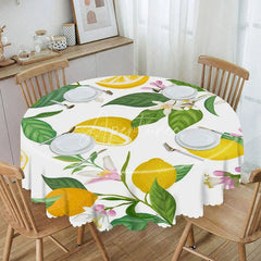 Aperturee - Aperturee Summer Lemon Round Tablecloth Fresh Citrus White Blossoms Green Leaves Kitchen Dining Party Decor
