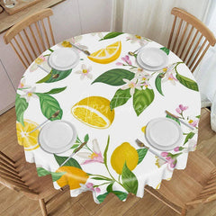 Aperturee - Aperturee Summer Lemon Round Tablecloth Fresh Citrus White Blossoms Green Leaves Kitchen Dining Party Decor