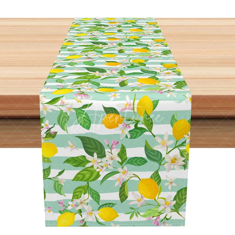 Aperturee - Aperturee Summer Lemon Table Runner with Green Stripes Citrus Fruit Print for Farmhouse Kitchen and Outdoor Party