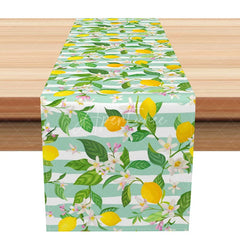 Aperturee - Aperturee Summer Lemon Table Runner with Green Stripes Citrus Fruit Print for Farmhouse Kitchen and Outdoor Party