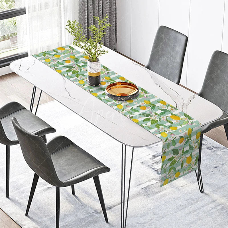 Aperturee - Aperturee Summer Lemon Table Runner with Green Stripes Citrus Fruit Print for Farmhouse Kitchen and Outdoor Party