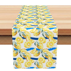 Aperturee - Aperturee Summer Lemon Table Runner with Yellow Citrus Fruit Blue Accents for Kitchen Dining and Outdoor Party