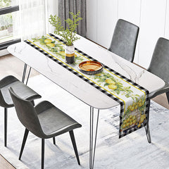 Aperturee - Aperturee Summer Lemon Truck Table Runner with Black Plaid for Farmhouse Kitchen and Buffalo Check Decor