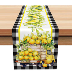 Aperturee - Aperturee Summer Lemon Truck Table Runner with Black Plaid for Farmhouse Kitchen and Buffalo Check Decor