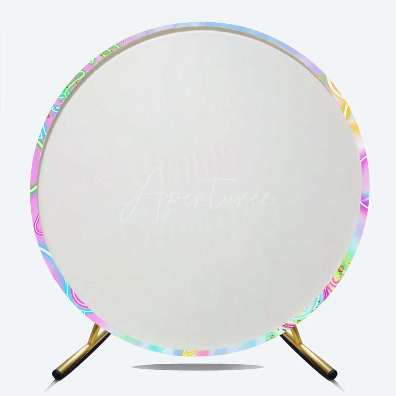 Aperturee - Aperturee Summer Neon Happy Birthday Round Backdrop Tie Dye Pool Party with Flamingo Splish Splash Kids Photo Prop Decor