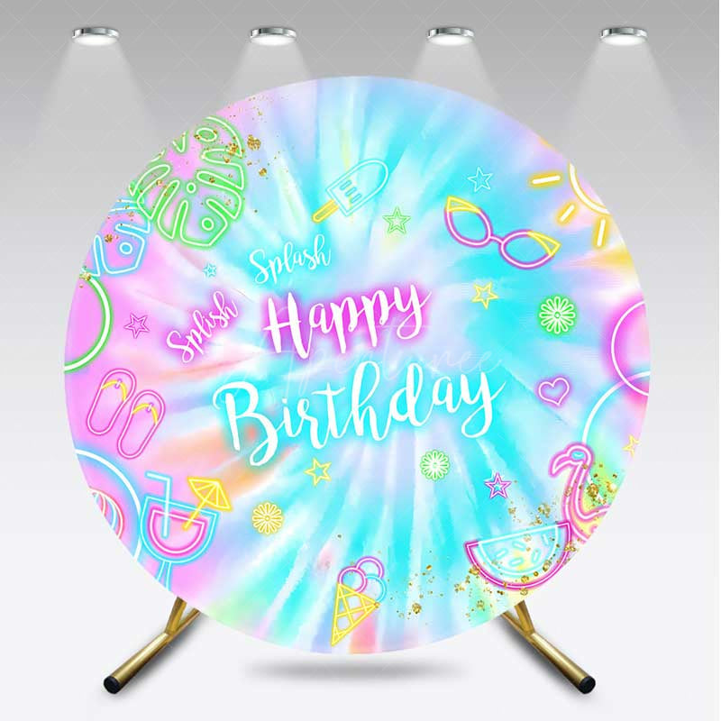 Aperturee - Aperturee Summer Neon Happy Birthday Round Backdrop Tie Dye Pool Party with Flamingo Splish Splash Kids Photo Prop Decor