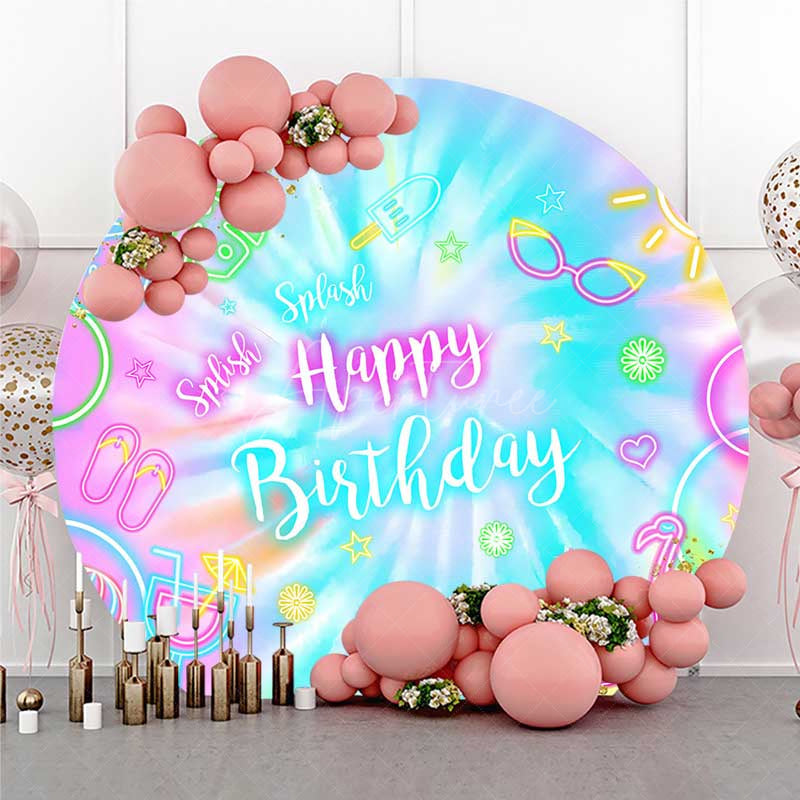 Aperturee - Aperturee Summer Neon Happy Birthday Round Backdrop Tie Dye Pool Party with Flamingo Splish Splash Kids Photo Prop Decor