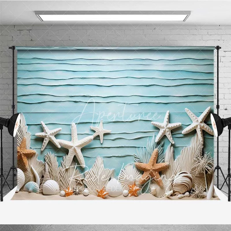 Aperturee - Aperturee Summer Ocean Beach Starfish Photography Backdrop Blue Textured Wall White Shells Background Nautical Theme Photo Prop