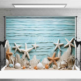 Aperturee - Aperturee Summer Ocean Beach Starfish Photography Backdrop Blue Textured Wall White Shells Background Nautical Theme Photo Prop