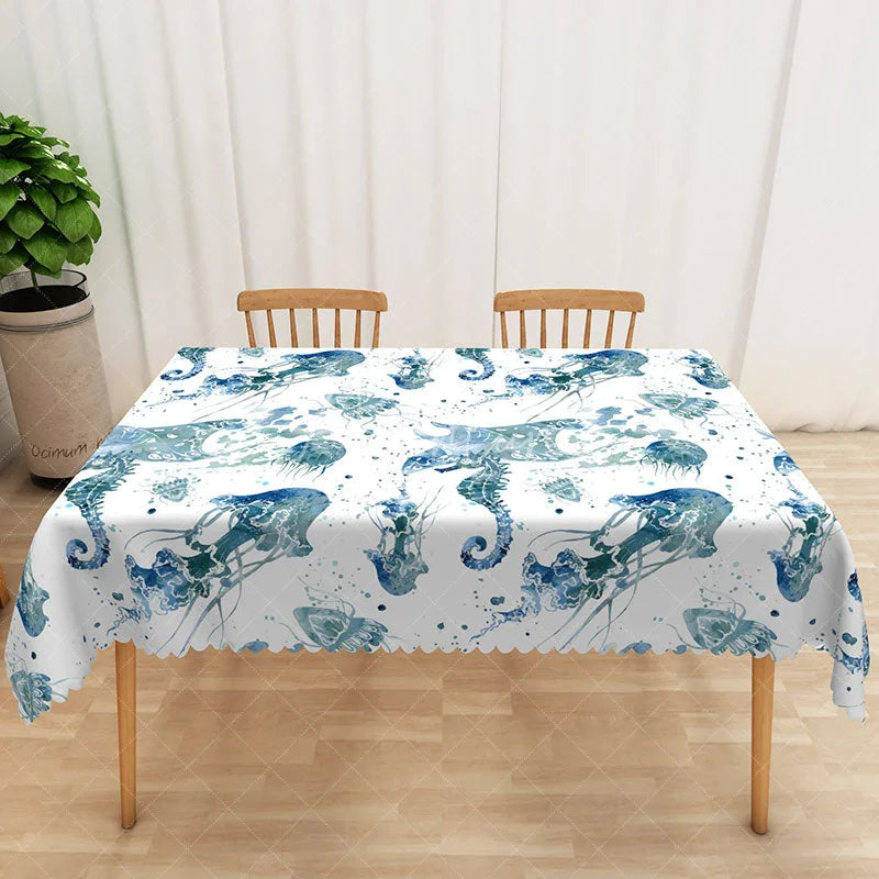 Aperturee - Aperturee Summer Ocean Vibe Rectangle Tablecloth with Seahorse and Jellyfish for Coastal Beach House Dining Decor