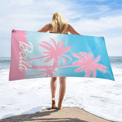 Aperturee - Aperturee Summer Palm Trees Blue Sky Custom Name Beach Towel