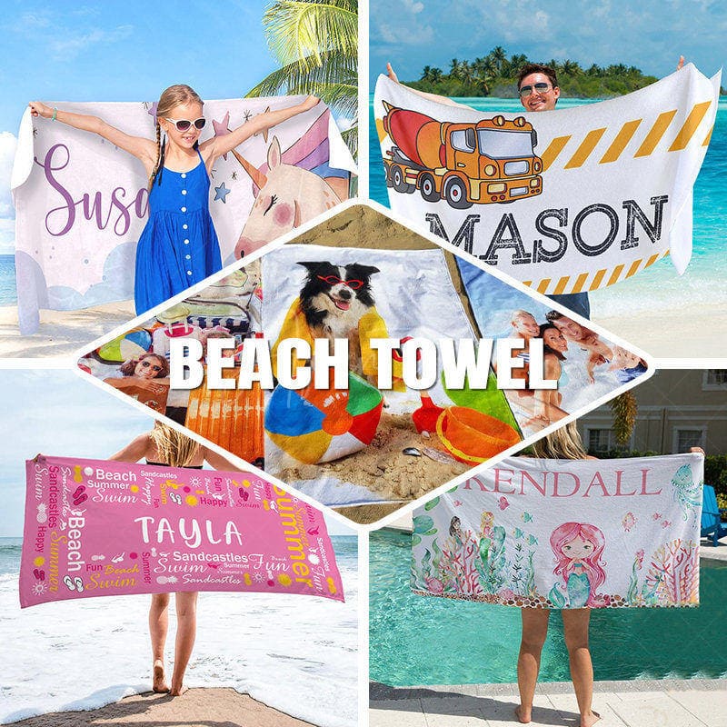 Aperturee - Aperturee Summer Palm Trees Blue Sky Custom Name Beach Towel