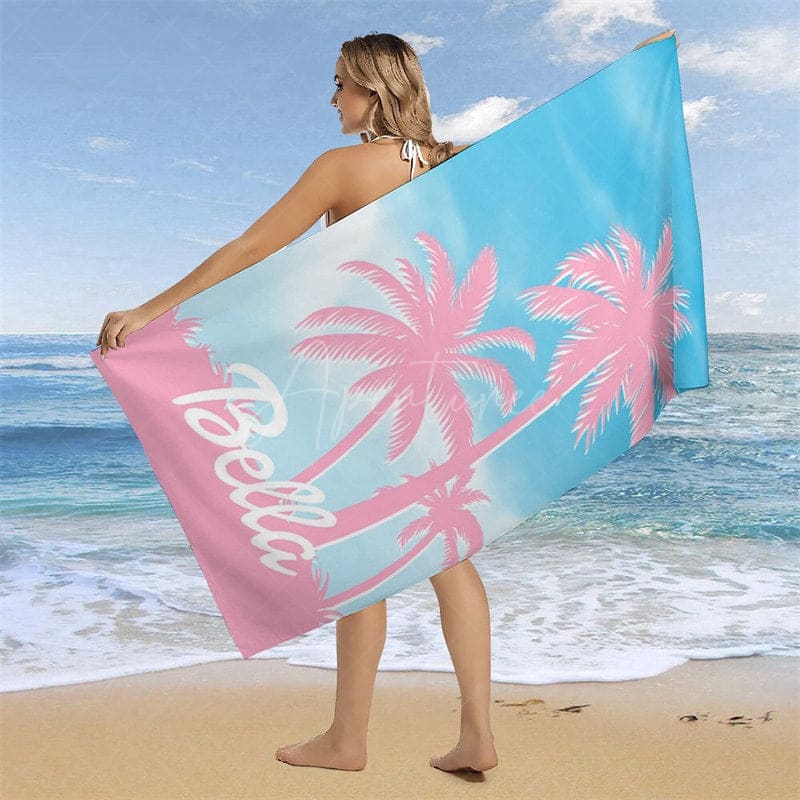 Aperturee - Aperturee Summer Palm Trees Blue Sky Custom Name Beach Towel