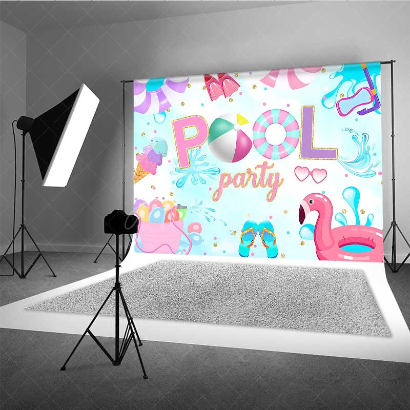 Aperturee Aperturee Summer Pool Party Backdrop for Kids Pink Flamingo and Beach Ball Fun Banner Tropical Birthday Photo Booth Prop