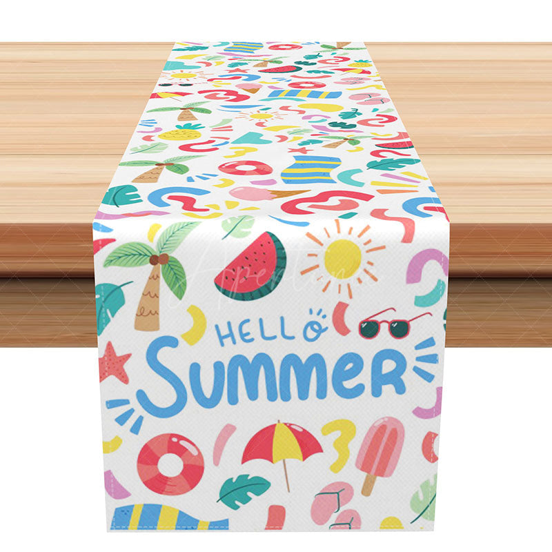 Aperturee - Aperturee Summer Pool Party Table Runner with Colorful Swimming Rings and Coconut Trees for Tropical BBQ Decor