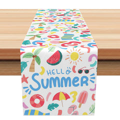 Aperturee - Aperturee Summer Pool Party Table Runner with Colorful Swimming Rings and Coconut Trees for Tropical BBQ Decor