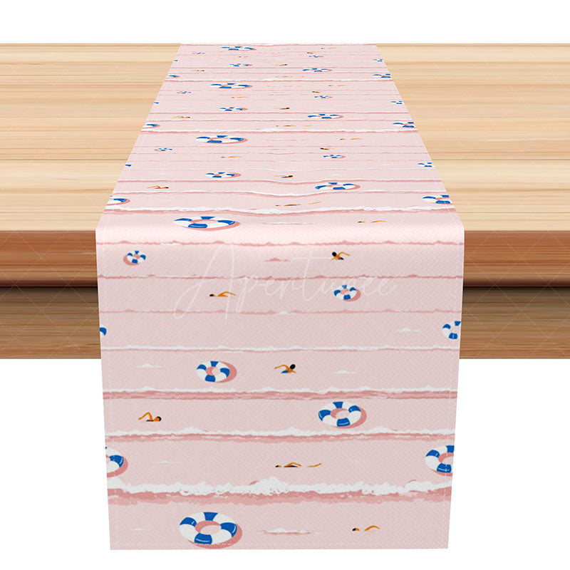 Aperturee - Aperturee Summer Pool Party Table Runner with Pink Swimming Rings for Fun Kids Birthday and Outdoor BBQ Decor