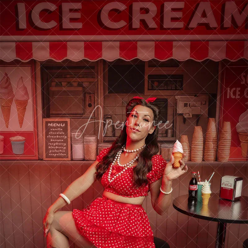 Aperturee - Aperturee Summer Red Beige Ice Cream Shop Photography Backdrop