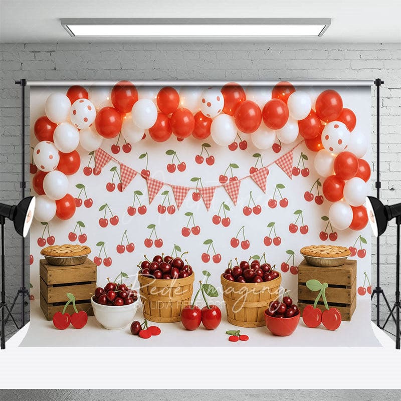 Aperturee - Aperturee Summer Red Cherry Balloons Fruit Cake Smash Backdrop