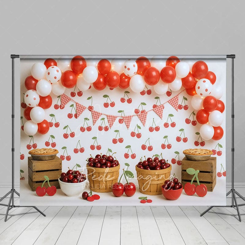 Aperturee - Aperturee Summer Red Cherry Balloons Fruit Cake Smash Backdrop
