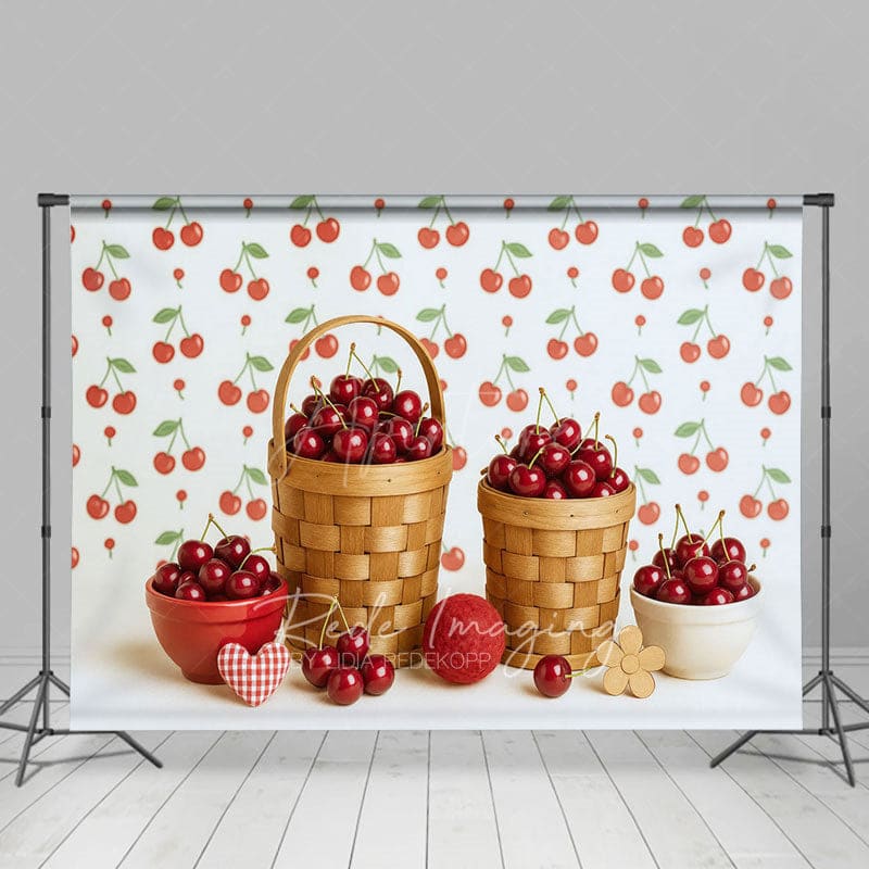 Aperturee - Aperturee Summer Red Cherry Basket Birthday Cake Smash Backdrop