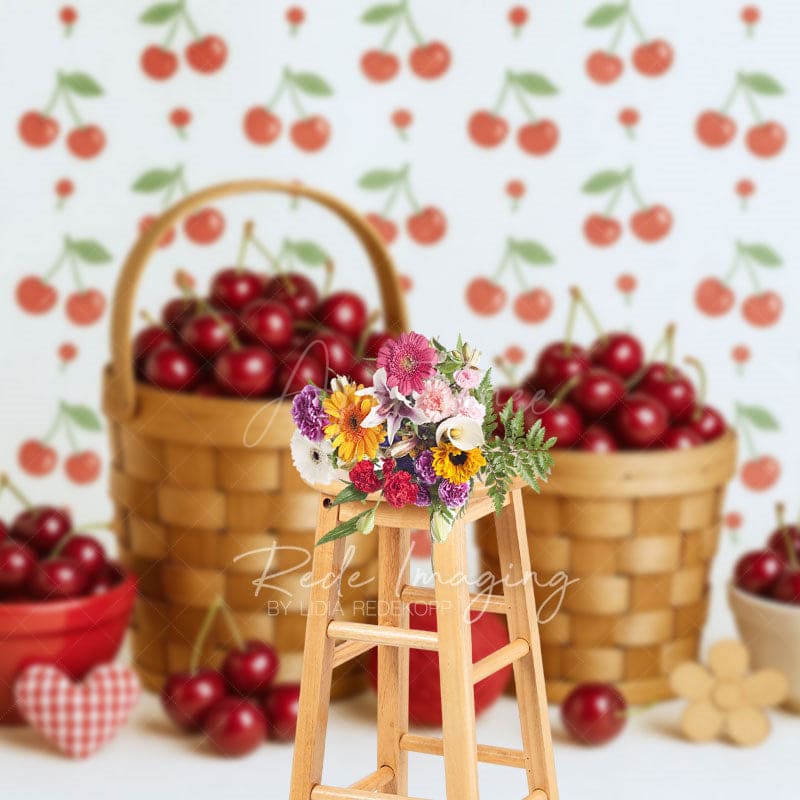 Aperturee - Aperturee Summer Red Cherry Basket Birthday Cake Smash Backdrop
