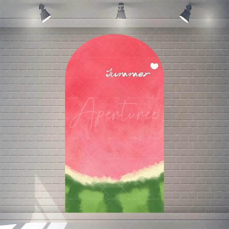 Aperturee - Aperturee Summer Red Green Watermelon Arch Backdrop Watercolor Fruit Pattern Perfect For Kids Party Decor