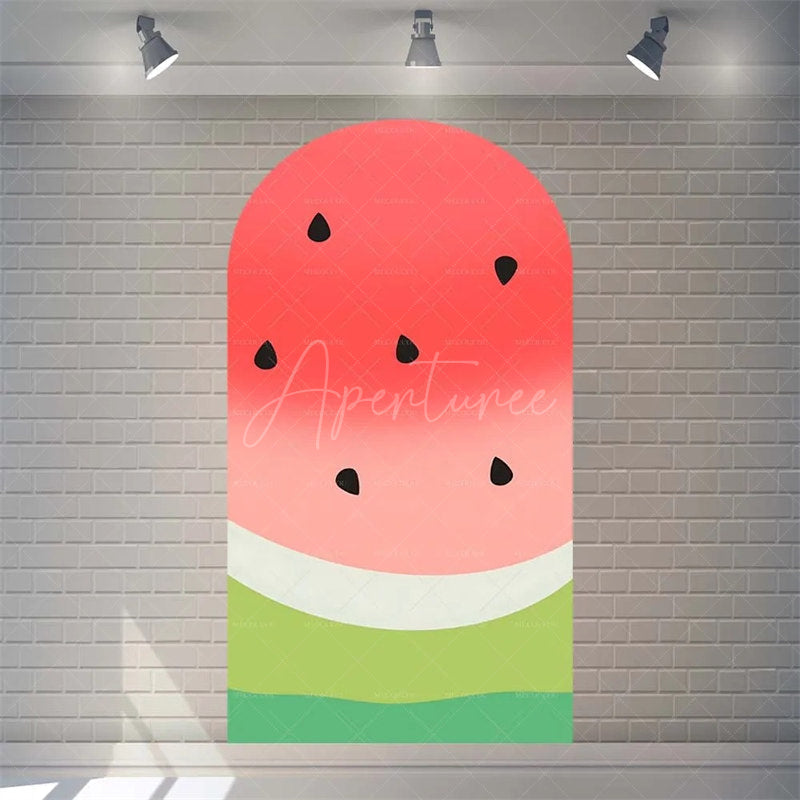 Aperturee - Aperturee Summer Red Green Watermelon Arch Backdrop Watercolor Fruit Pattern Perfect For Kids Party Decor
