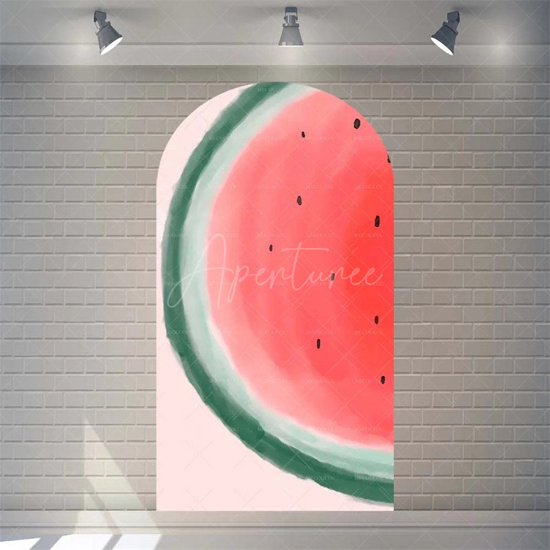 Aperturee - Aperturee Summer Red Green Watermelon Arch Backdrop Watercolor Fruit Pattern Perfect For Kids Party Decor