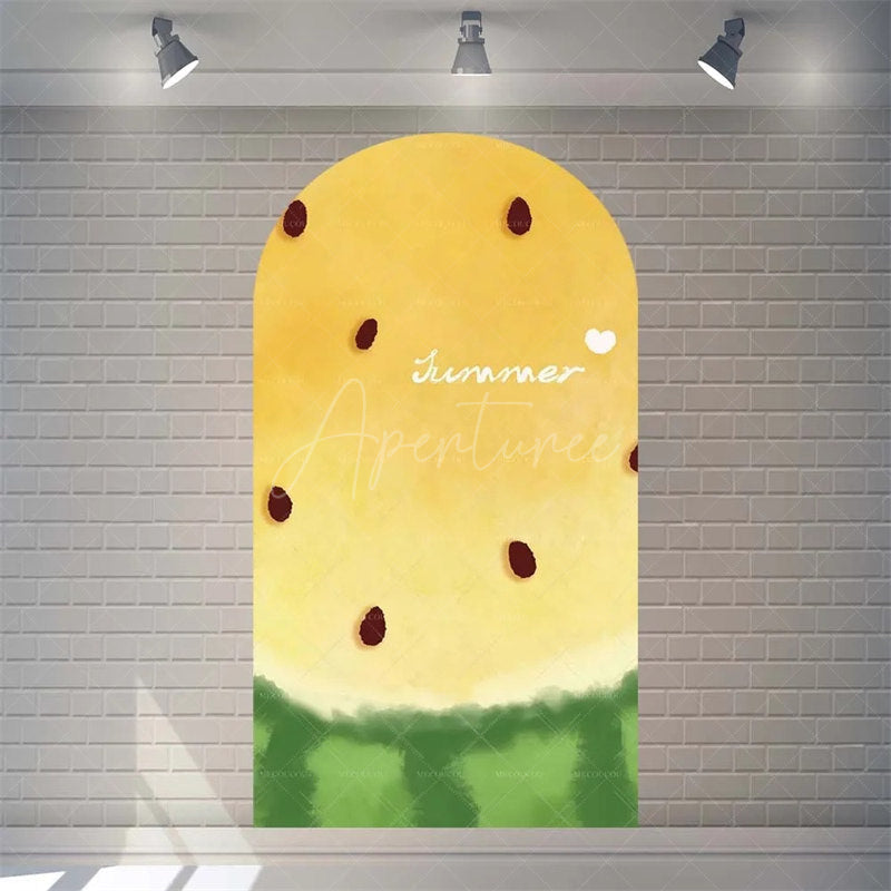 Aperturee - Aperturee Summer Red Green Watermelon Arch Backdrop Watercolor Fruit Pattern Perfect For Kids Party Decor