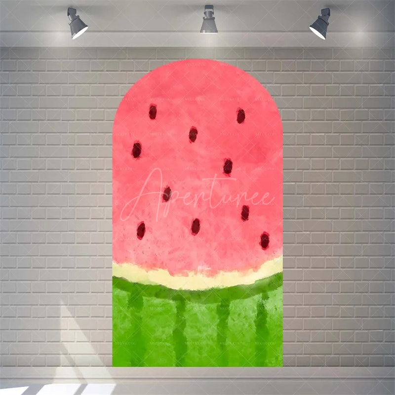 Aperturee - Aperturee Summer Red Green Watermelon Arch Backdrop Watercolor Fruit Pattern Perfect For Kids Party Decor