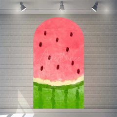 Aperturee - Aperturee Summer Red Green Watermelon Arch Backdrop Watercolor Fruit Pattern Perfect For Kids Party Decor