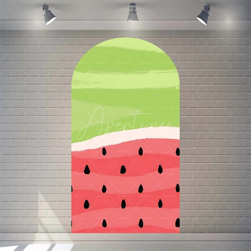 Aperturee - Aperturee Summer Red Green Watermelon Arch Backdrop Watercolor Fruit Pattern Perfect For Kids Party Decor