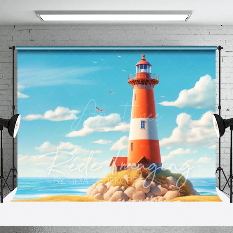 Aperturee - Aperturee Summer Sandy Beach Lighthouse Combo Set Backdrop