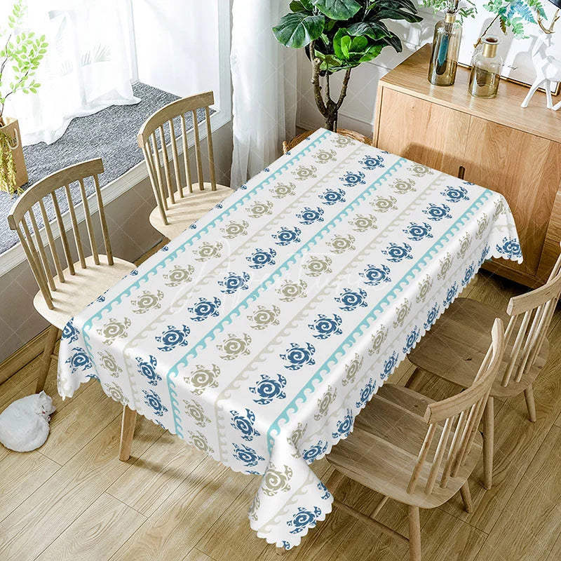 Aperturee - Aperturee Summer Sea Turtle Tablecloth with Repeating Totem Pattern for Coastal Beach House and Nautical Decor