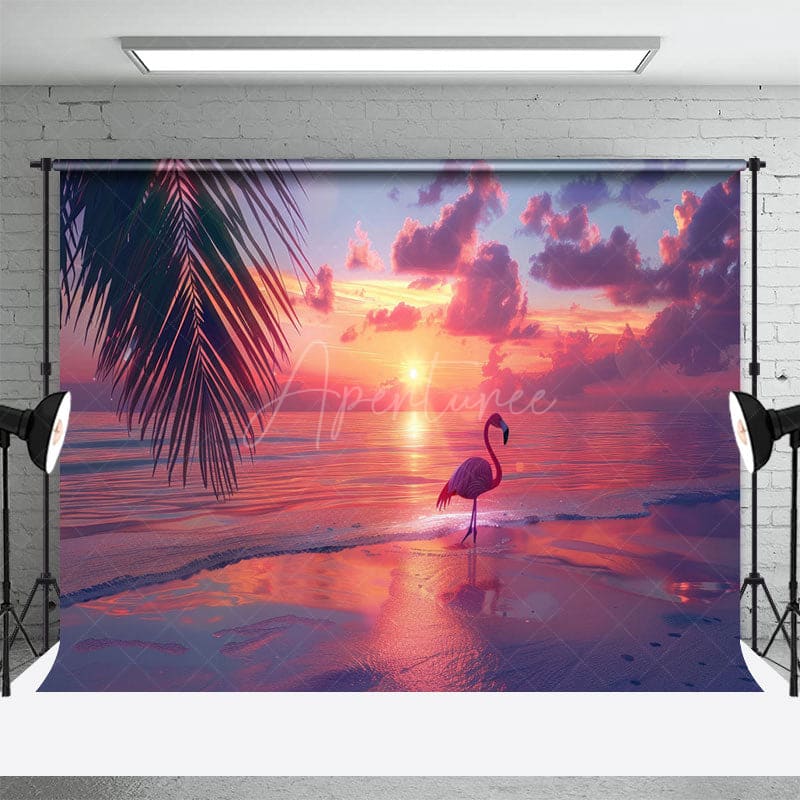 Aperturee - Aperturee Summer Seaside Flamingo Sunset Photography Backdrop
