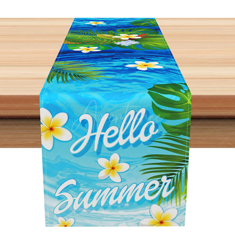 Aperturee - Aperturee Summer Seaside Table Runner with Floral and Coconut Trees for Tropical Beach House and Party Decor
