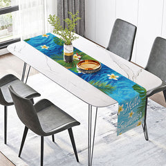 Aperturee - Aperturee Summer Seaside Table Runner with Floral and Coconut Trees for Tropical Beach House and Party Decor