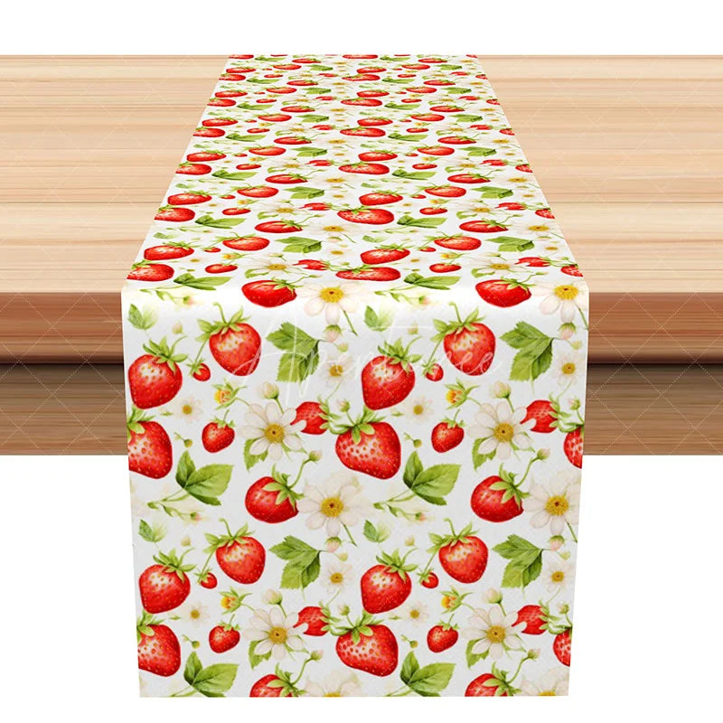 Aperturee - Aperturee Summer Strawberry Table Runner Red Fruit and Daisy Print for Farmhouse Kitchen and Outdoor Party Decor