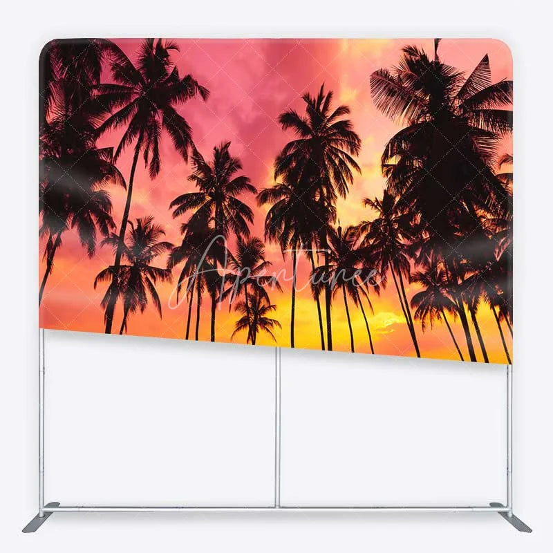 Aperturee - Aperturee Summer Tropical Beach Tension Fabric Backdrop Palm Tree Silhouette Pink Sunset Party Decorations