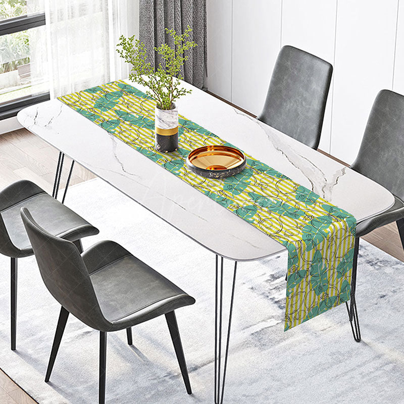 Aperturee - Aperturee Summer Tropical Table Runner with Lemon and Green Monstera Print for Kitchen and Dining Party Decor