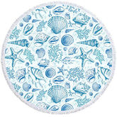 Aperturee - Aperturee Summer Vibe Blue White Porcelain Round Beach Towel