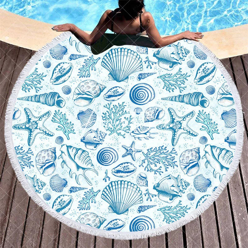 Aperturee - Aperturee Summer Vibe Blue White Porcelain Round Beach Towel