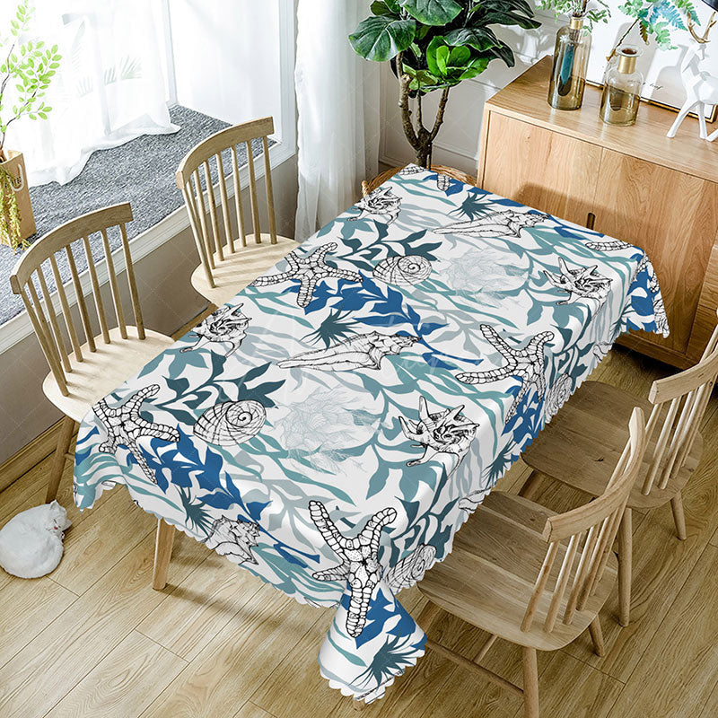 Aperturee - Aperturee Summer Vibe Rectangle Tablecloth with Underwater Algae Print for Ocean and Marine Themed Kitchen Decor